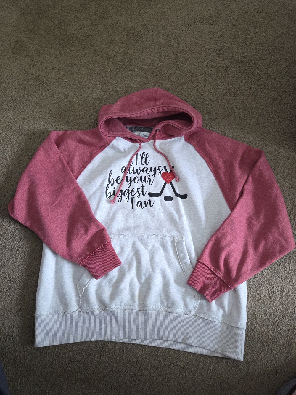 J. America Pink Raglan Sleeve Hoodie with White Body and Hockey Graphic